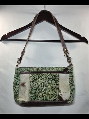 Myra Bag Green Tooled Leather & Cowhide Shoulder Bag with Brown Trim